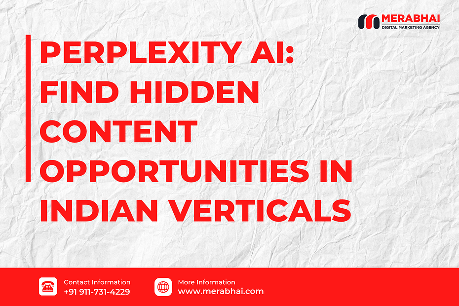 A visual representing Perplexity AI's ability to uncover hidden content opportunities in the Indian market, showing a magnifying glass over a map of India with different content niches highlighted.